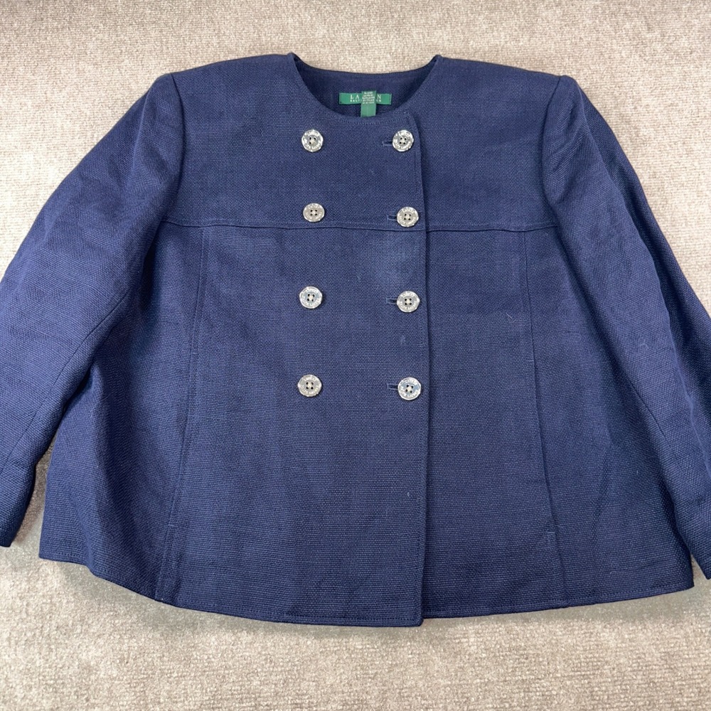 Lauren Ralph Lauren Navy Blue Linen Double Breasted Crest Button Jacket Size 16